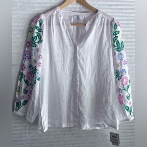 Charter Club Women’s 100% Linen Luxury White Blouse Floral Sleeves XS NEW